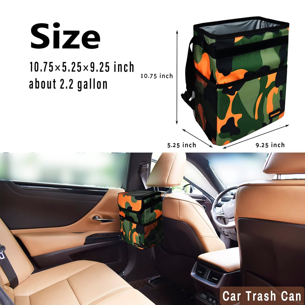 SIBOFUEGO Cute Car Trash Can with Lid - Leak Proof Car Trash Bag Hanging Waterproof Car Garbage Can with Storage Pockets Multipurpose Collapsible Car Organizer (Camo Orange)
