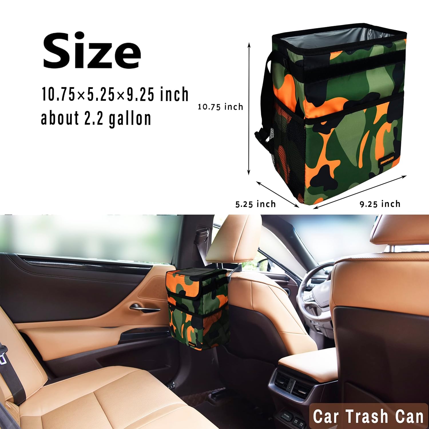 SIBOFUEGO Cute Car Trash Can with Lid - Leak Proof Car Trash Bag Hanging Waterproof Car Garbage Can with Storage Pockets Multipurpose Collapsible Car Organizer (Camo Orange)