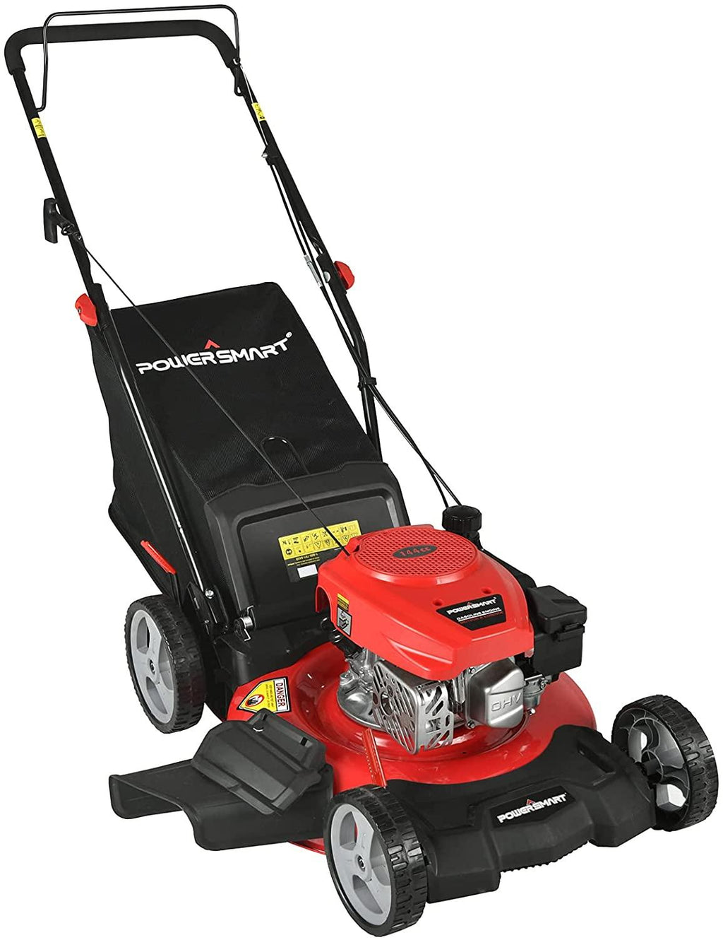 PowerSmart Push Lawn Mower Gas Powered - 21 Inch, 3-in-1 Gas Lawn Mower with Bag, 144cc 4-Stroke Engine, 5 Adjustable Heights 1.18"-3", Oil Included