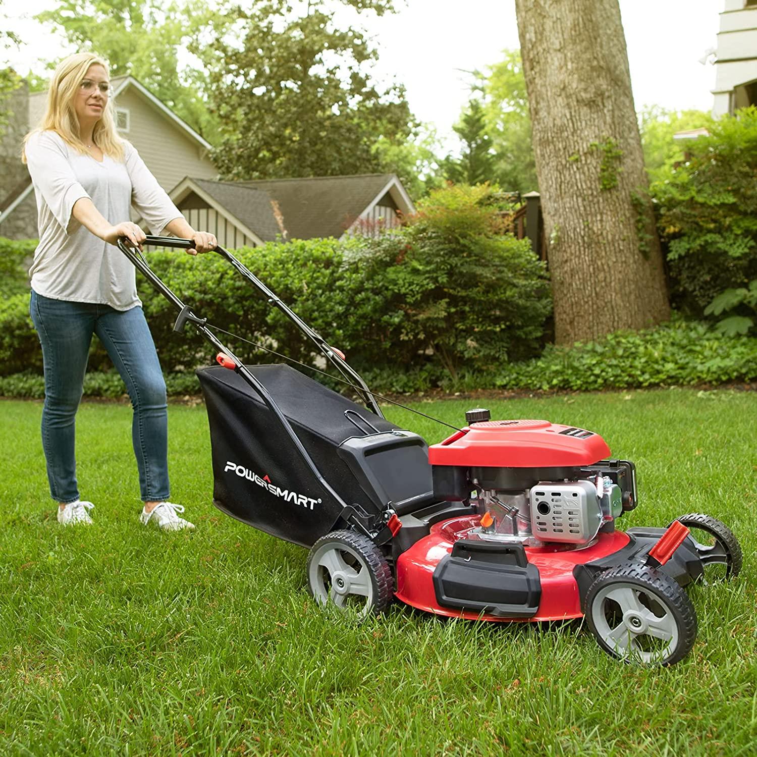 PowerSmart Push Lawn Mower Gas Powered - 21 Inch, 3-in-1 Gas Lawn Mower with Bag, 144cc 4-Stroke Engine, 5 Adjustable Heights 1.18"-3", Oil Included