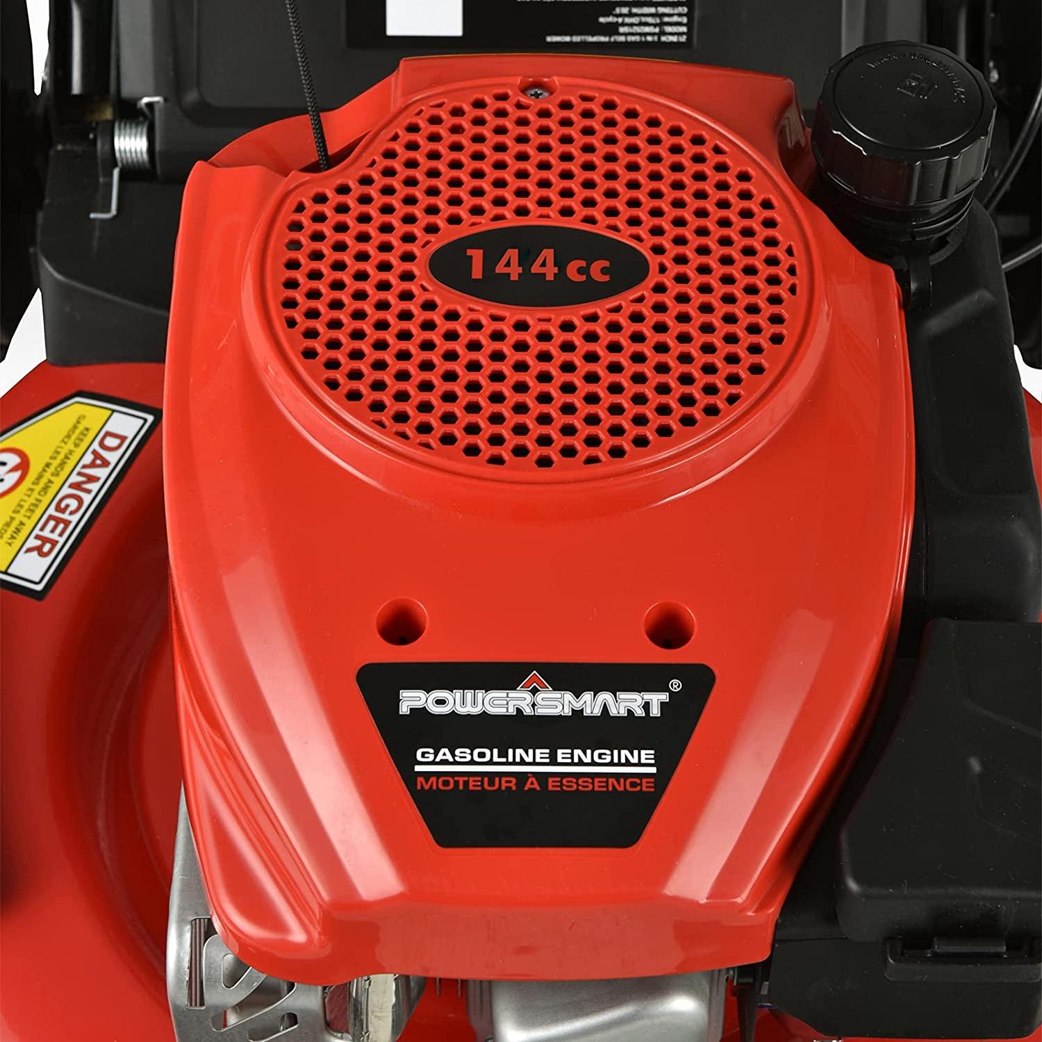 PowerSmart Push Lawn Mower Gas Powered - 21 Inch, 3-in-1 Gas Lawn Mower with Bag, 144cc 4-Stroke Engine, 5 Adjustable Heights 1.18"-3", Oil Included
