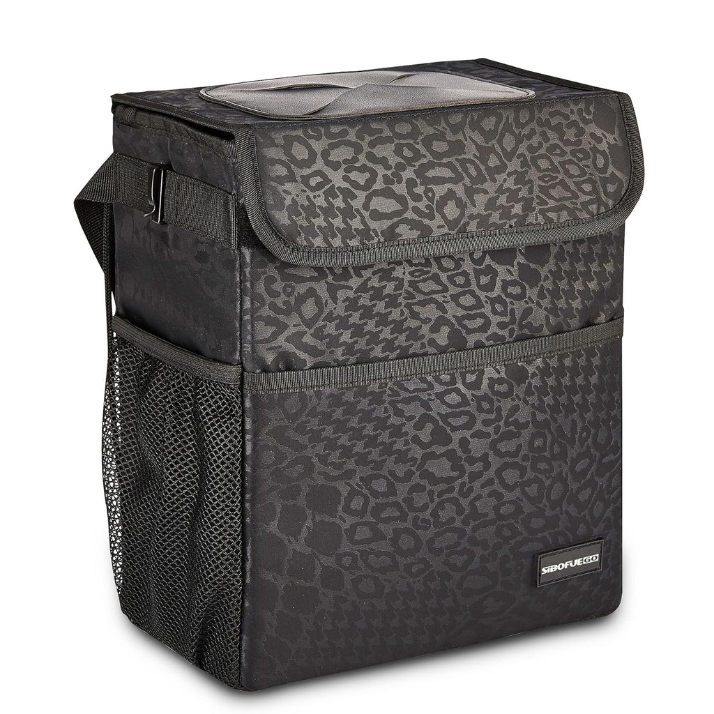 SIBOFUEGO Cute Car Trash Can with Lid - Leak Proof Bag Hanging Waterproof Garbage Storage Pockets Multipurpose Collapsible Organizer (Black Leopard)