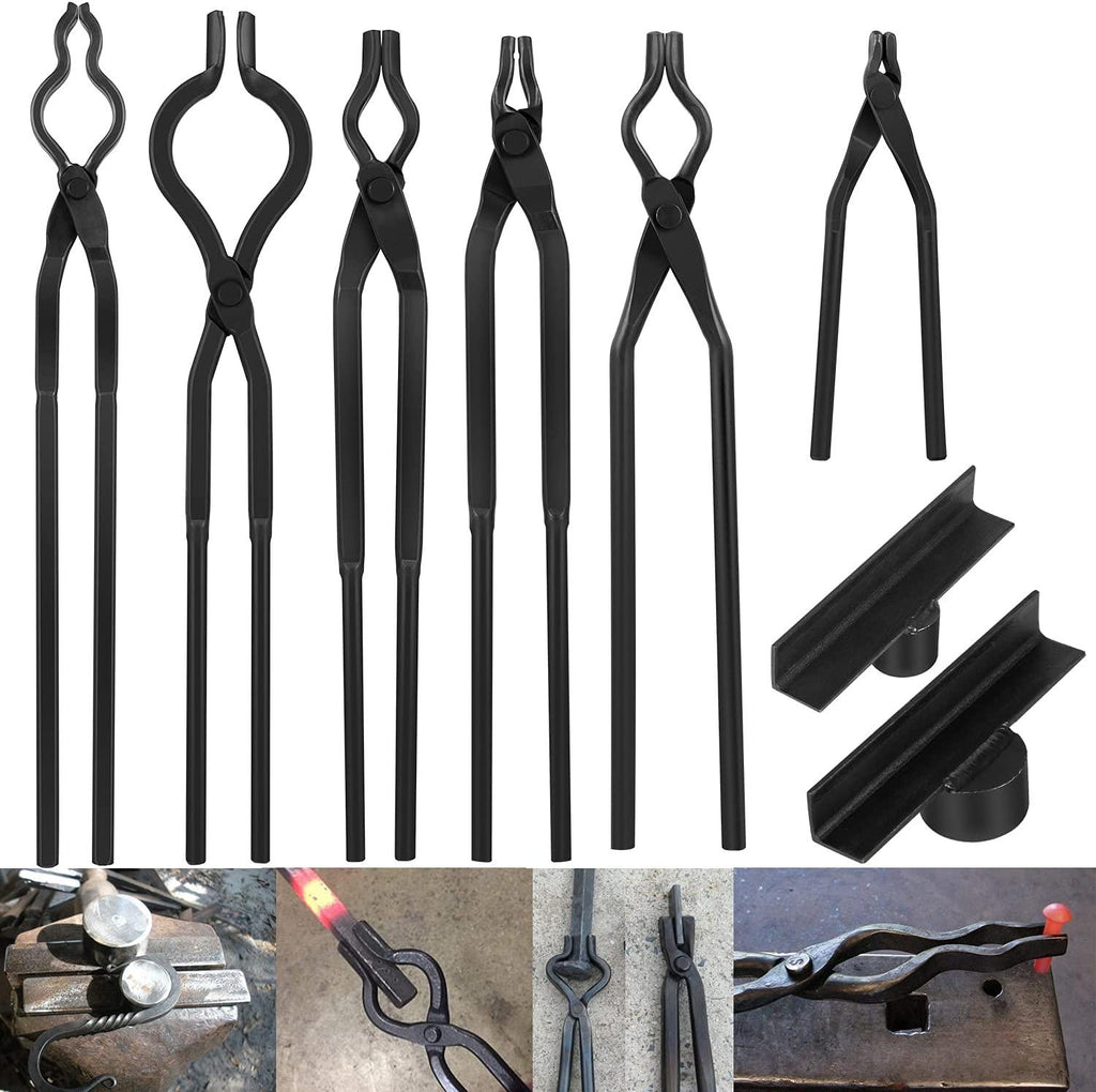 Extra Starter Blacksmith Tongs Set  Replacement Tongs, Includes Spike Tongs, Flat Jaw Tongs, Bolt Tongs, Pick-up Tongs, Hook Jig-Superior Blacksmith Tongs Black(8 PCS)