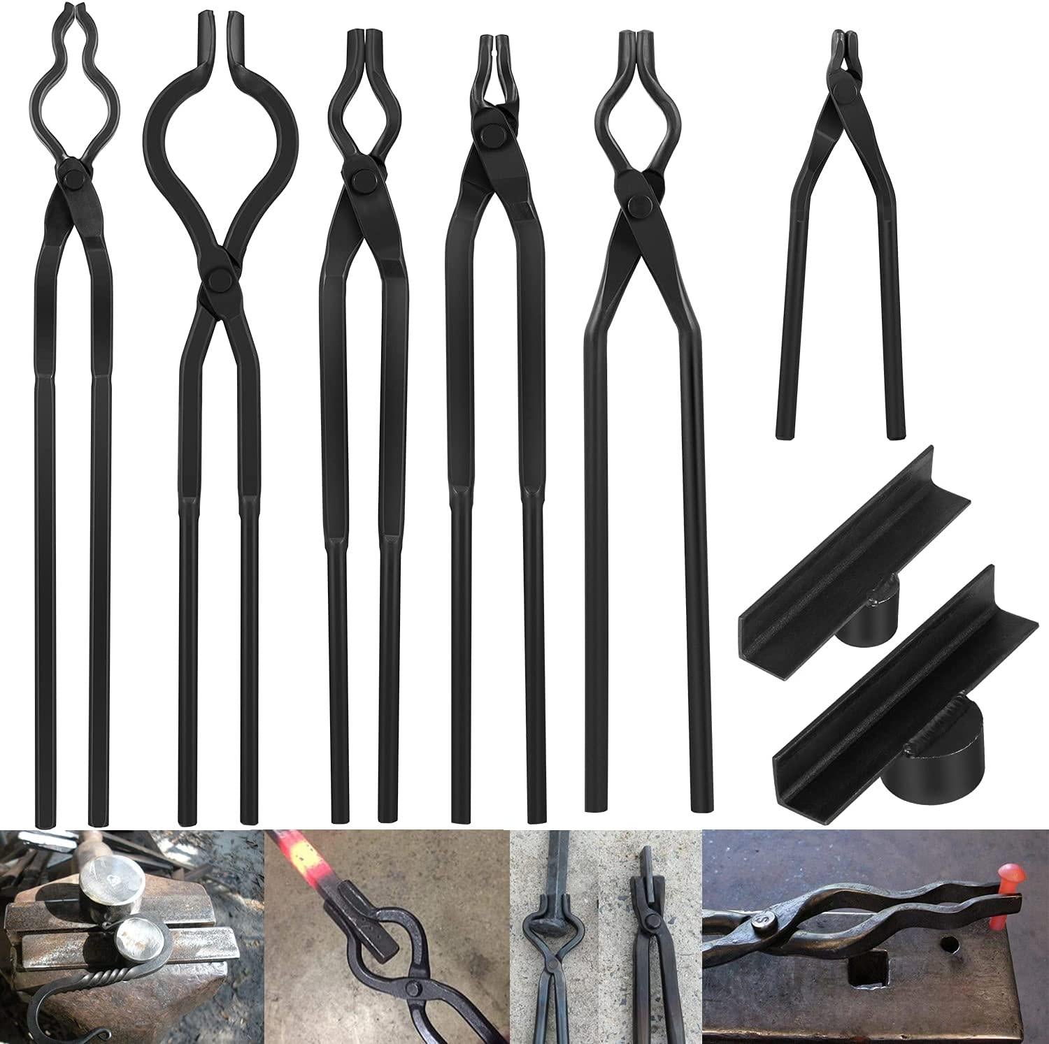 Extra Starter Blacksmith Tongs Set  Replacement Tongs, Includes Spike Tongs, Flat Jaw Tongs, Bolt Tongs, Pick-up Tongs, Hook Jig-Superior Blacksmith Tongs Black(8 PCS)