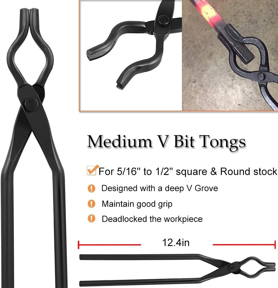 Extra Starter Blacksmith Tongs Set  Replacement Tongs, Includes Spike Tongs, Flat Jaw Tongs, Bolt Tongs, Pick-up Tongs, Hook Jig-Superior Blacksmith Tongs Black(8 PCS)