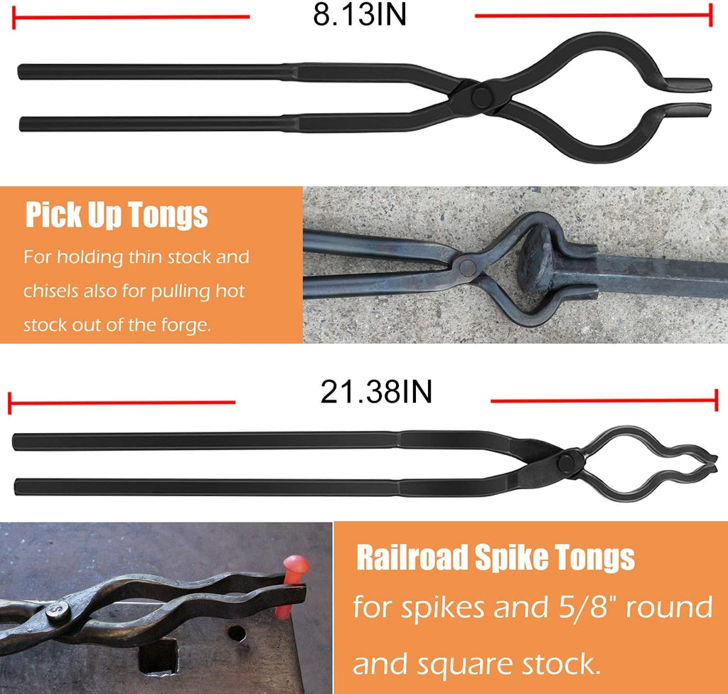 Extra Starter Blacksmith Tongs Set  Replacement Tongs, Includes Spike Tongs, Flat Jaw Tongs, Bolt Tongs, Pick-up Tongs, Hook Jig-Superior Blacksmith Tongs Black(8 PCS)