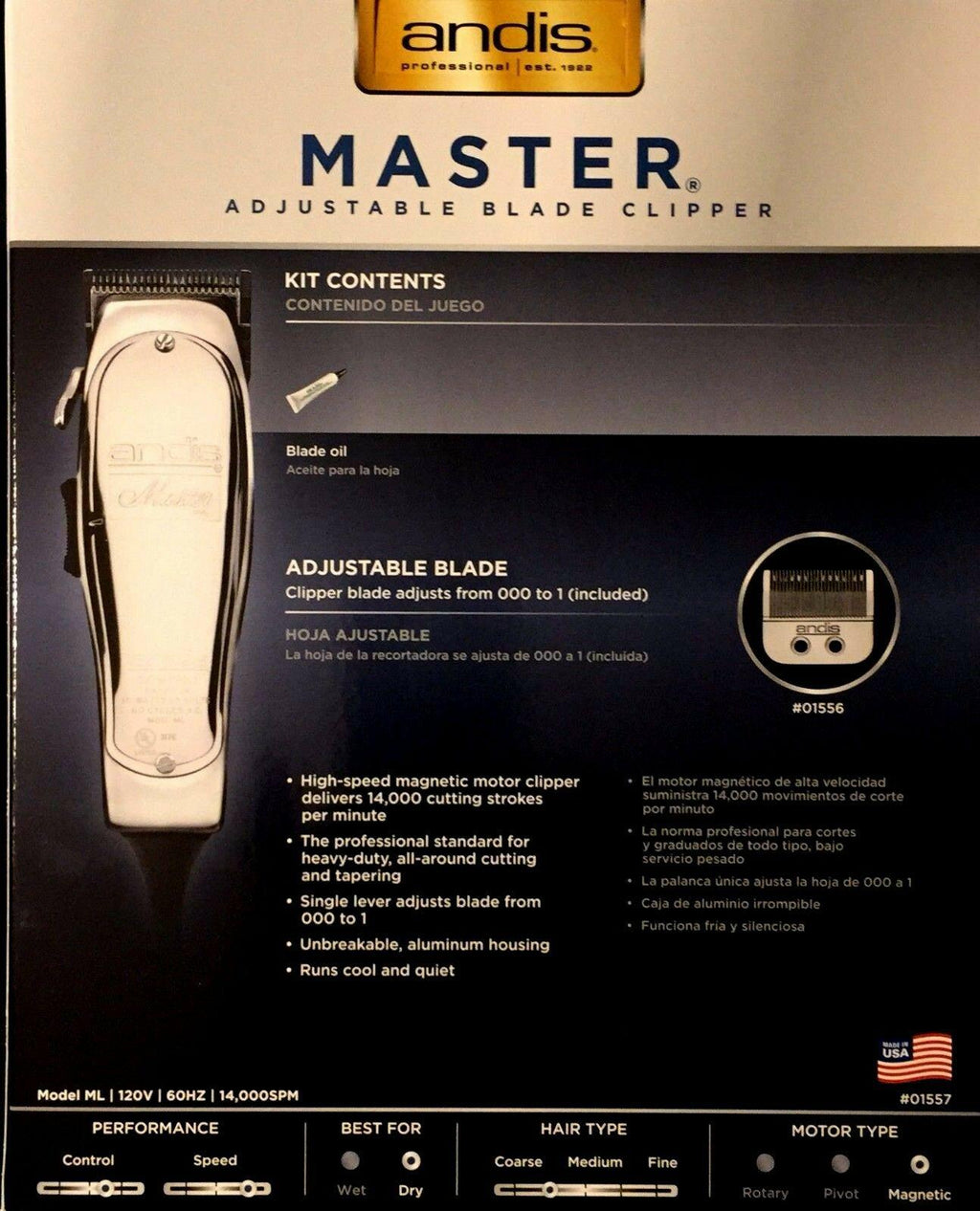 ANDIS  ADJUSTABLE BLADE CLIPPER #: 01557, UPC 040102015571 , MADE IN USA