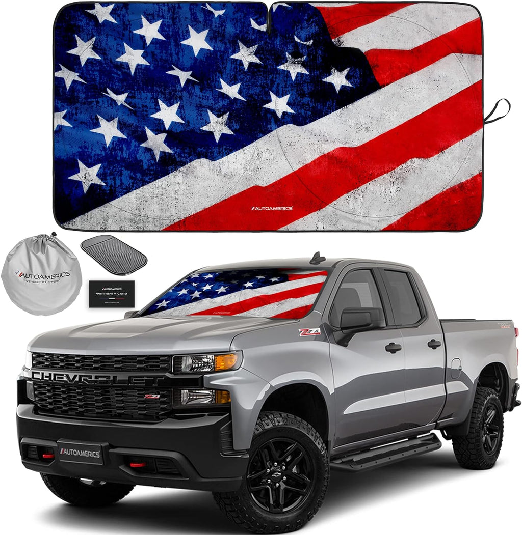 Autoamerics 1-Piece Windshield Sun Shade Grunge American Flag - 4 USA  - Foldable Car Front Window Sunshade for Most Sedans SUV Truck - Blocks Max UV Rays and Keeps Your Vehicle Cool - Large