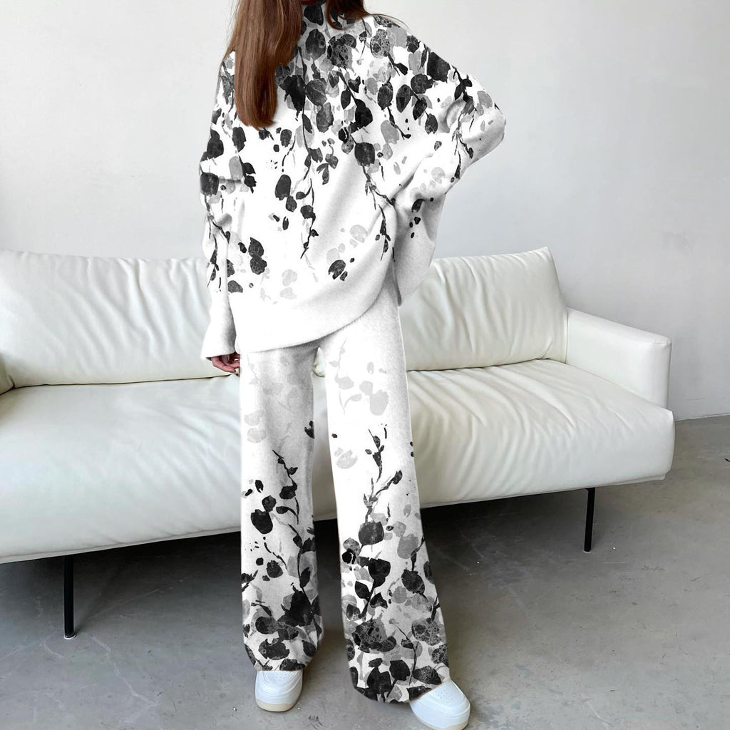 Women's Fashion Black And White Contrast Floral Print Suit