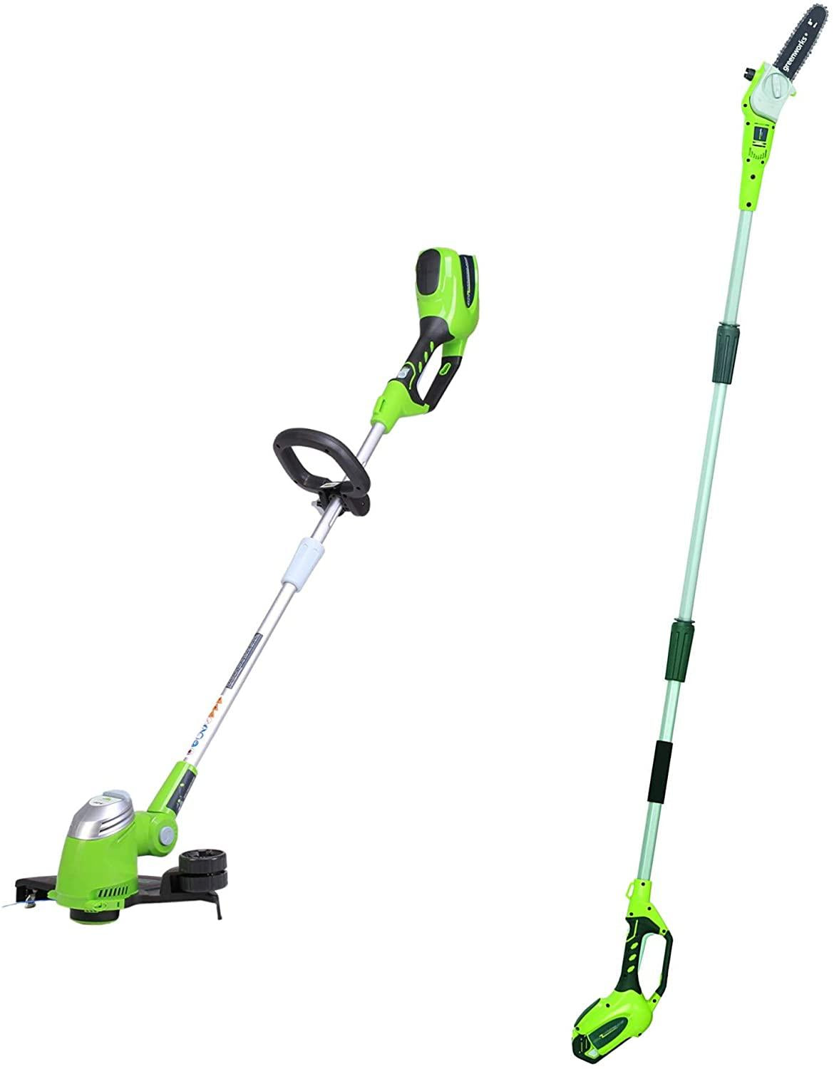 Greenworks 8.5' 40V Cordless Pole Saw, 2.0 AH Battery Included 20672 with 13-Inch 40V Cordless String trimmer/Edger, Battery Not Included 21332