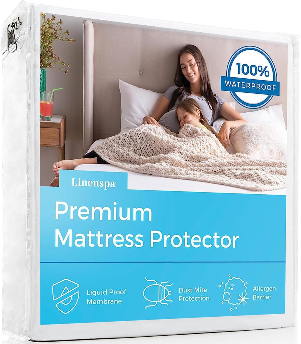 Linenspa Waterproof Smooth Top Premium Queen Mattress Protector, Breathable &amp; Hypoallergenic Queen Mattress Covers - Packaging may vary, White