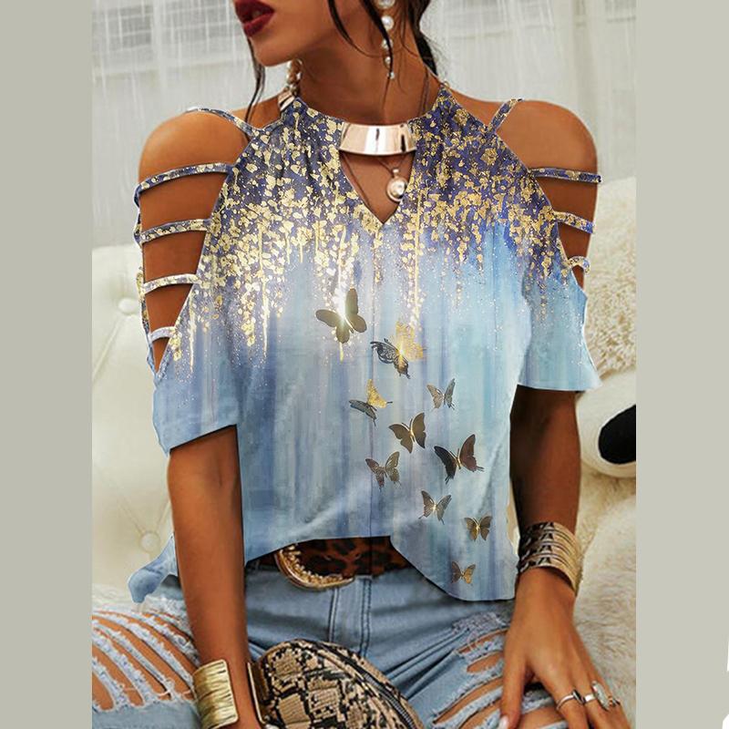 Fashion Round Neck Short Sleeve Butterfly Print T-shirt