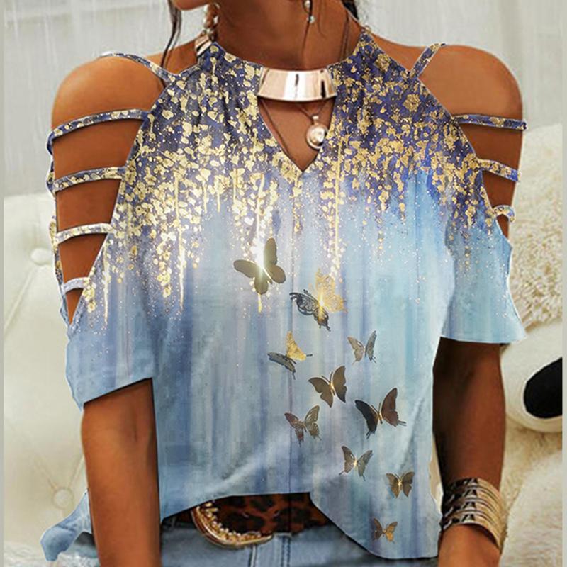 Fashion Round Neck Short Sleeve Butterfly Print T-shirt