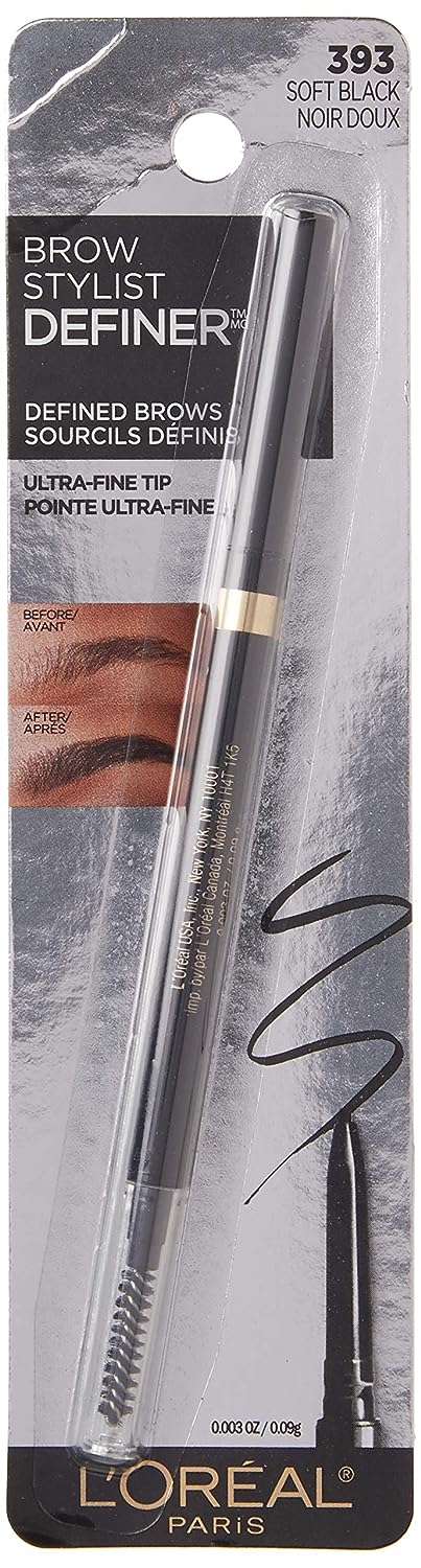 L’Oréal Paris Makeup Brow Definer Waterproof Eyebrow Pencil, Ultra-Fine Mechanical Pencil, Draws Tiny Brow Hairs and Fills in Sparse Areas and Gaps, Soft Black, 0.003 Ounce (Pack of 1)