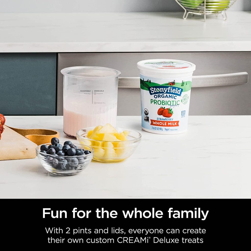 Ninja XSKPNTLD2 Creami Deluxe Pints-2 Pack, compatible with nc500 series creami deluxe ice cream makers, bpa-free & dishwasher safe, 16 oz, coral & yellow lids