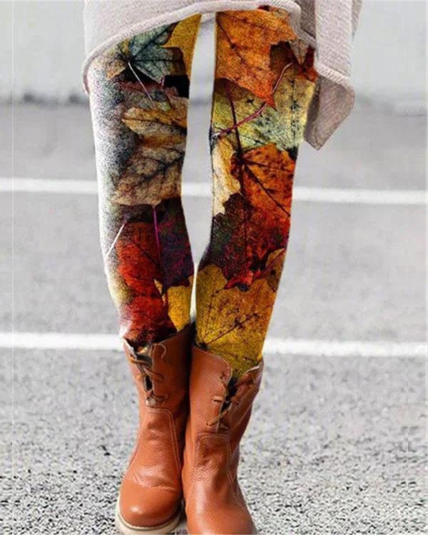 colorful leaves print leggings casual milk fabric pants