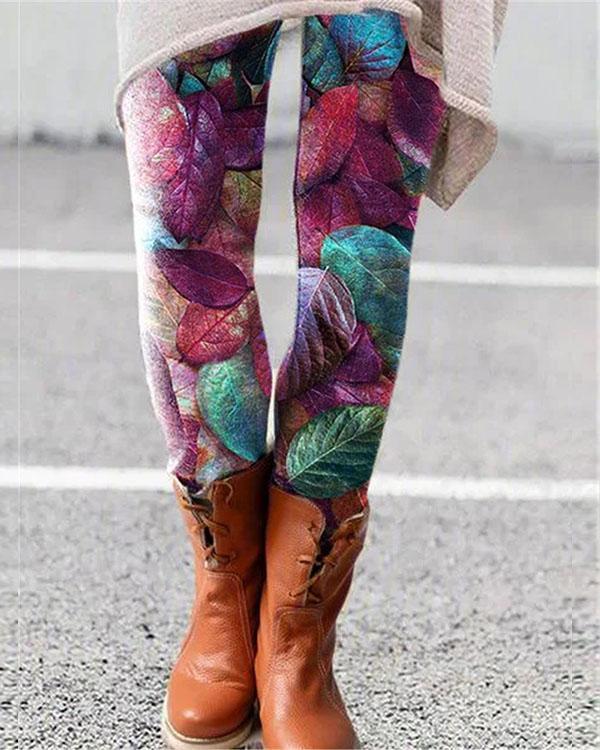 colorful leaves print leggings casual milk fabric pants