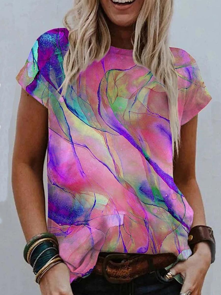 Casual Color Printed Round Neck T-shirt