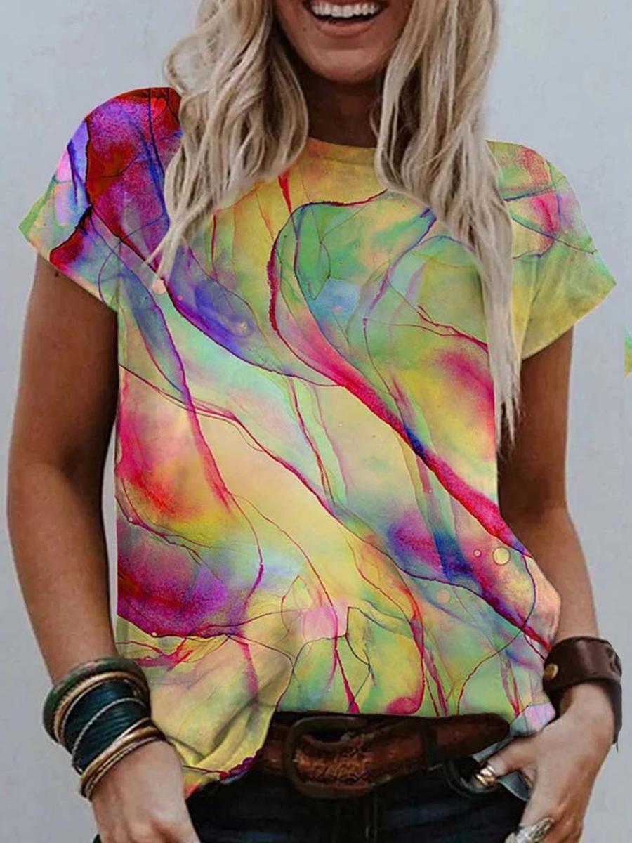 Casual Color Printed Round Neck T-shirt