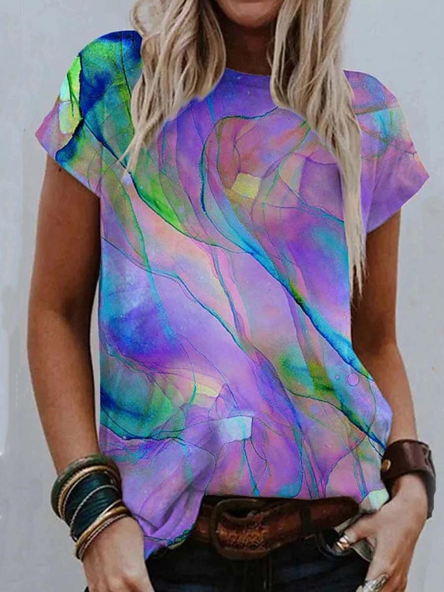 Casual Color Printed Round Neck T-shirt