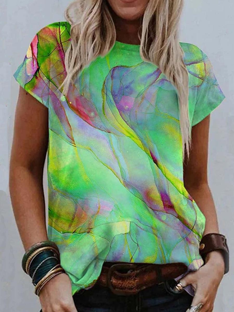 Casual Color Printed Round Neck T-shirt
