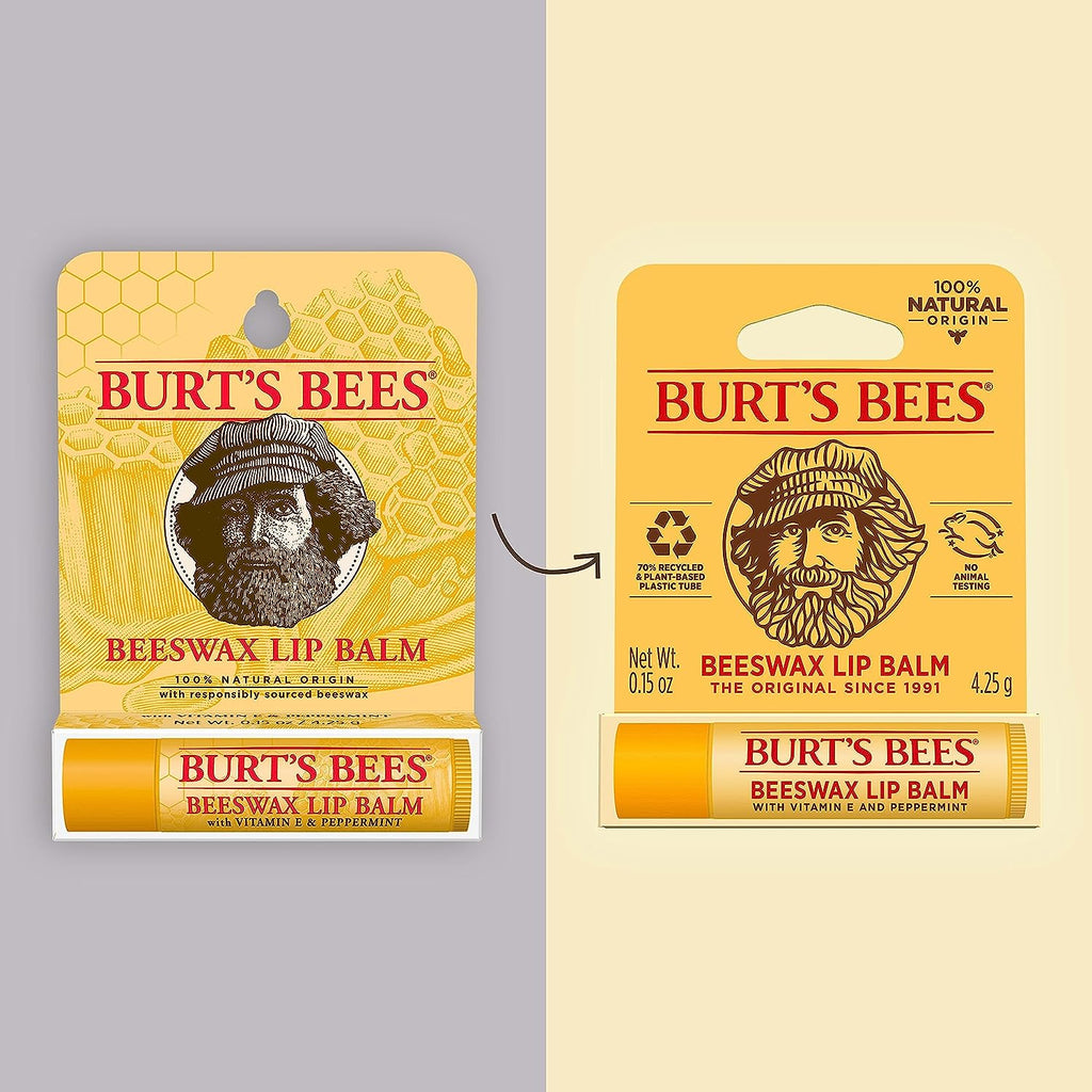 Burt's Bees Lip Balm, Moisturizing Lip Care, for All Day Hydration, 100% Natural, Original Beeswax with Vitamin E &amp; Peppermint Oil (4 Pack)