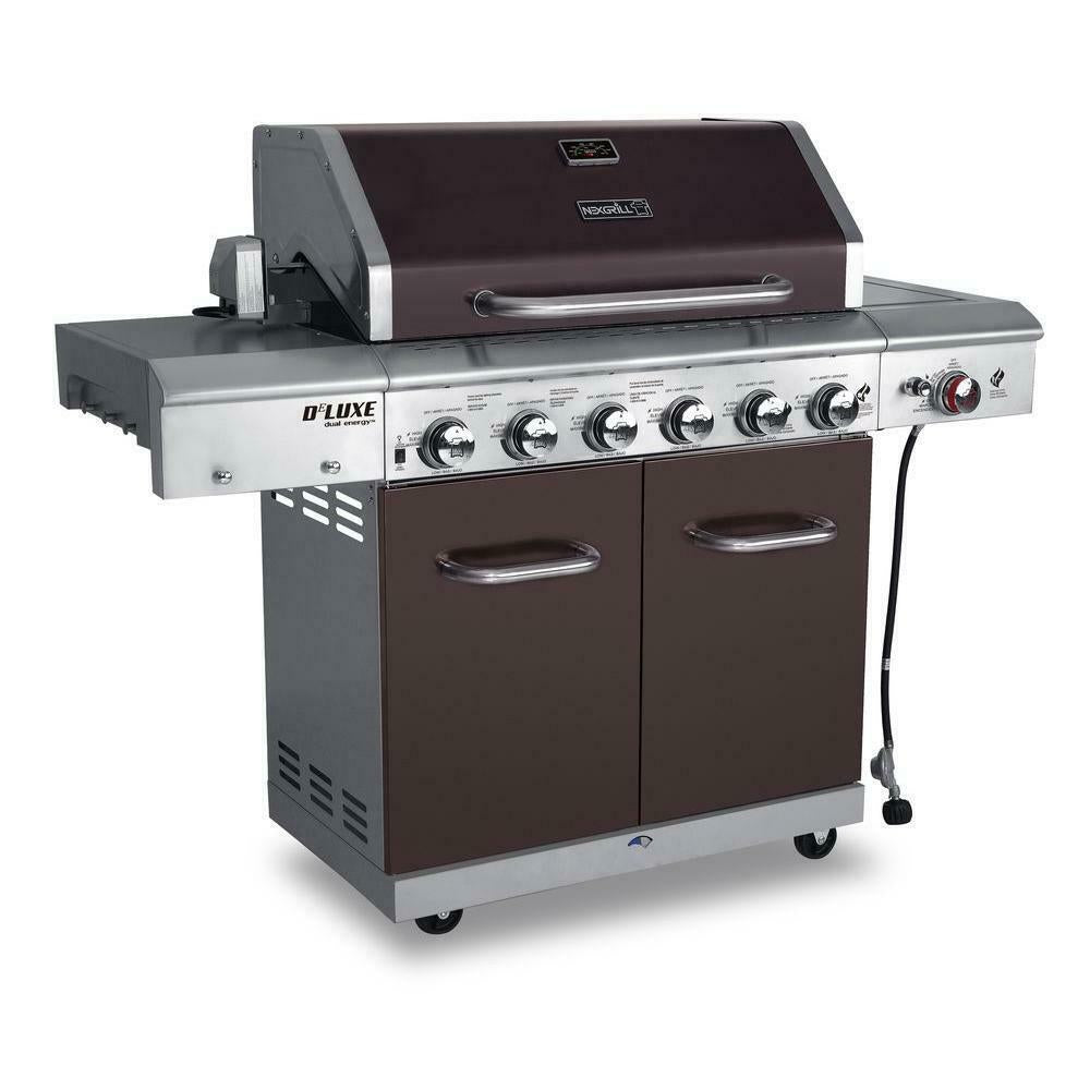 Propane Gas Grill 6-Burner 4-Wheels  Steel Side Burner Mocha