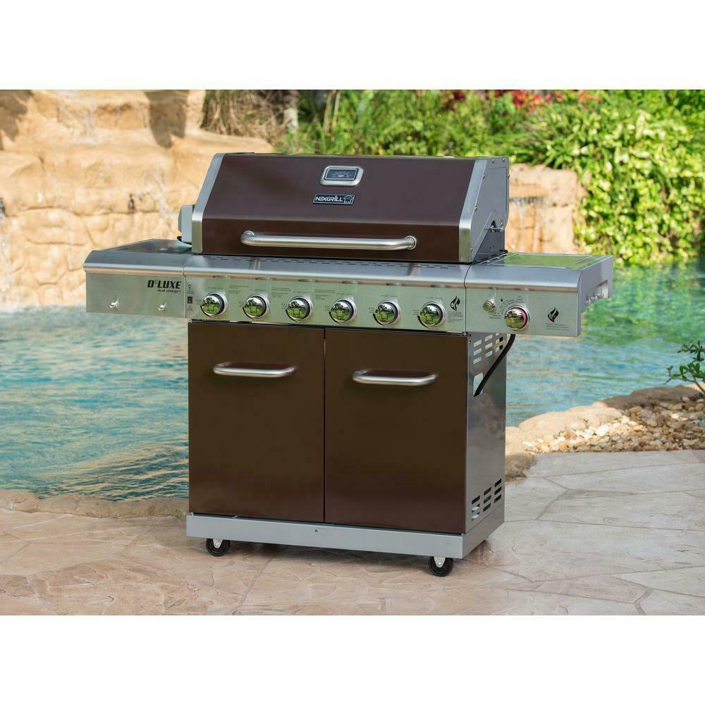 Propane Gas Grill 6-Burner 4-Wheels  Steel Side Burner Mocha
