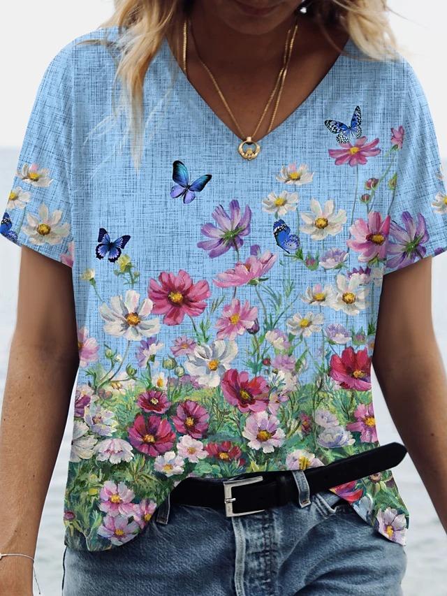 Women Casual Flower Line Print V-Neck T-shirt