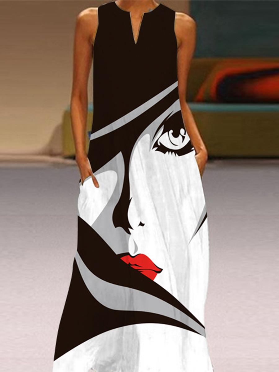 Fashion casual v-neck sleeveless art print dress