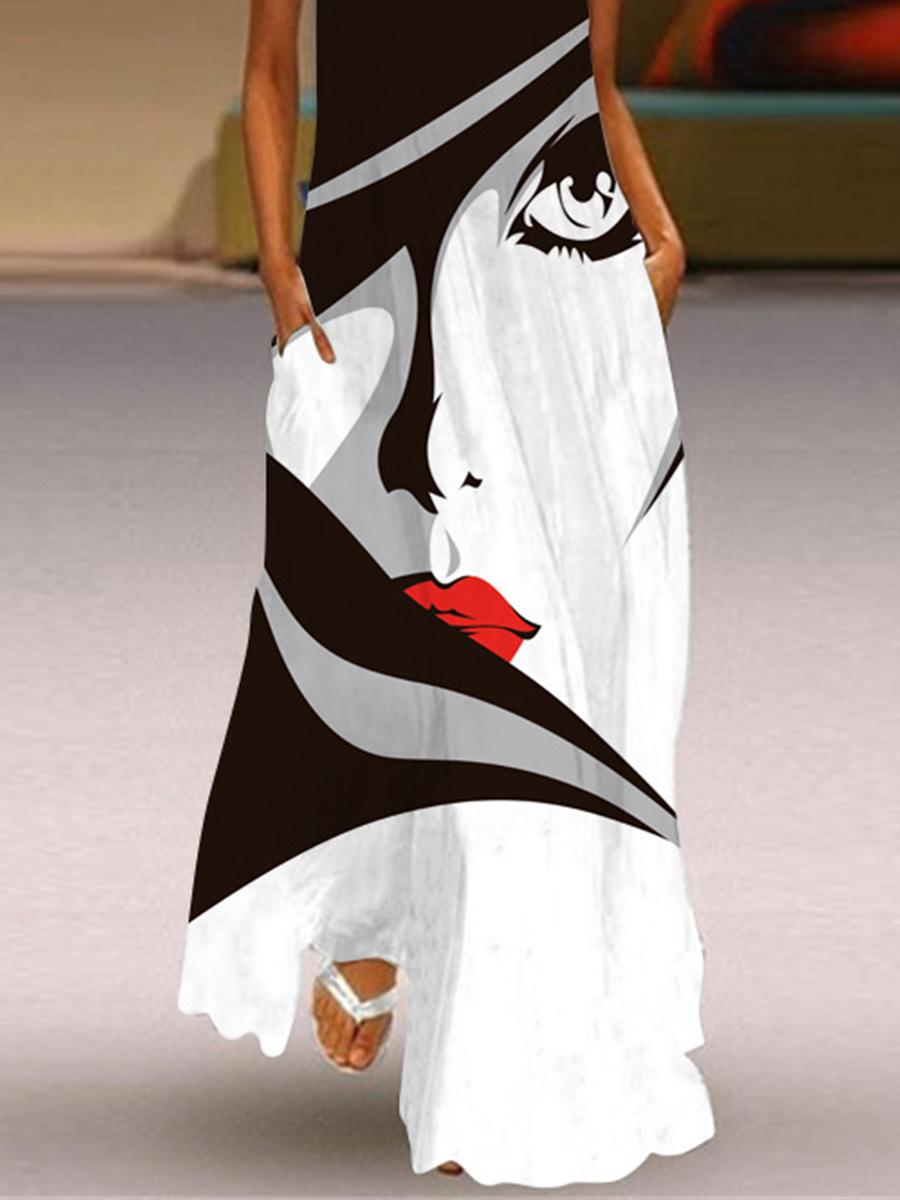 Fashion casual v-neck sleeveless art print dress