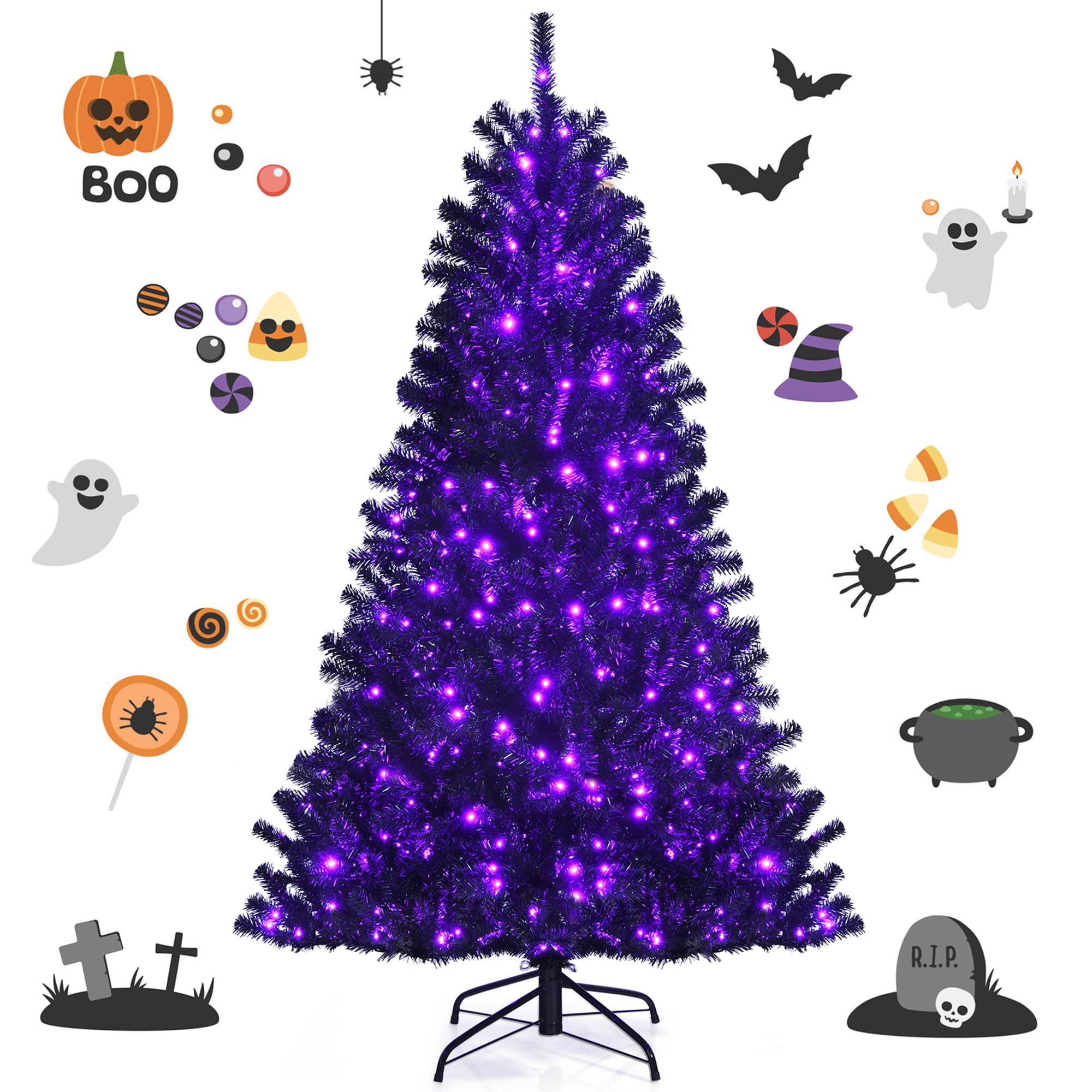 Gymax 6 FT Pre-lit Black Halloween Tree Artificial Hinged Christmas Tree