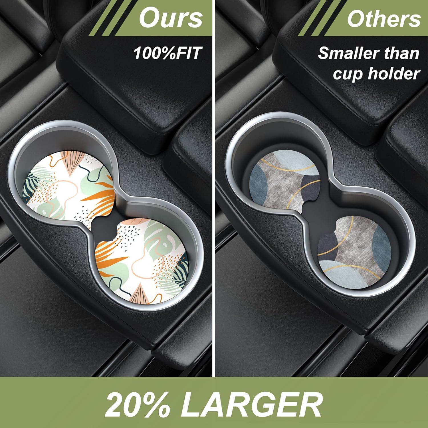 Nipichsha Car Cup Holder Coasters, Car Coasters for Cup Holders, 2 Pack Anti Slip Insert Coasters, Rubber Car Cup Mat with A Finger Notch, Cute Car Interior Accessories for Women Men(Boho Leaves)
