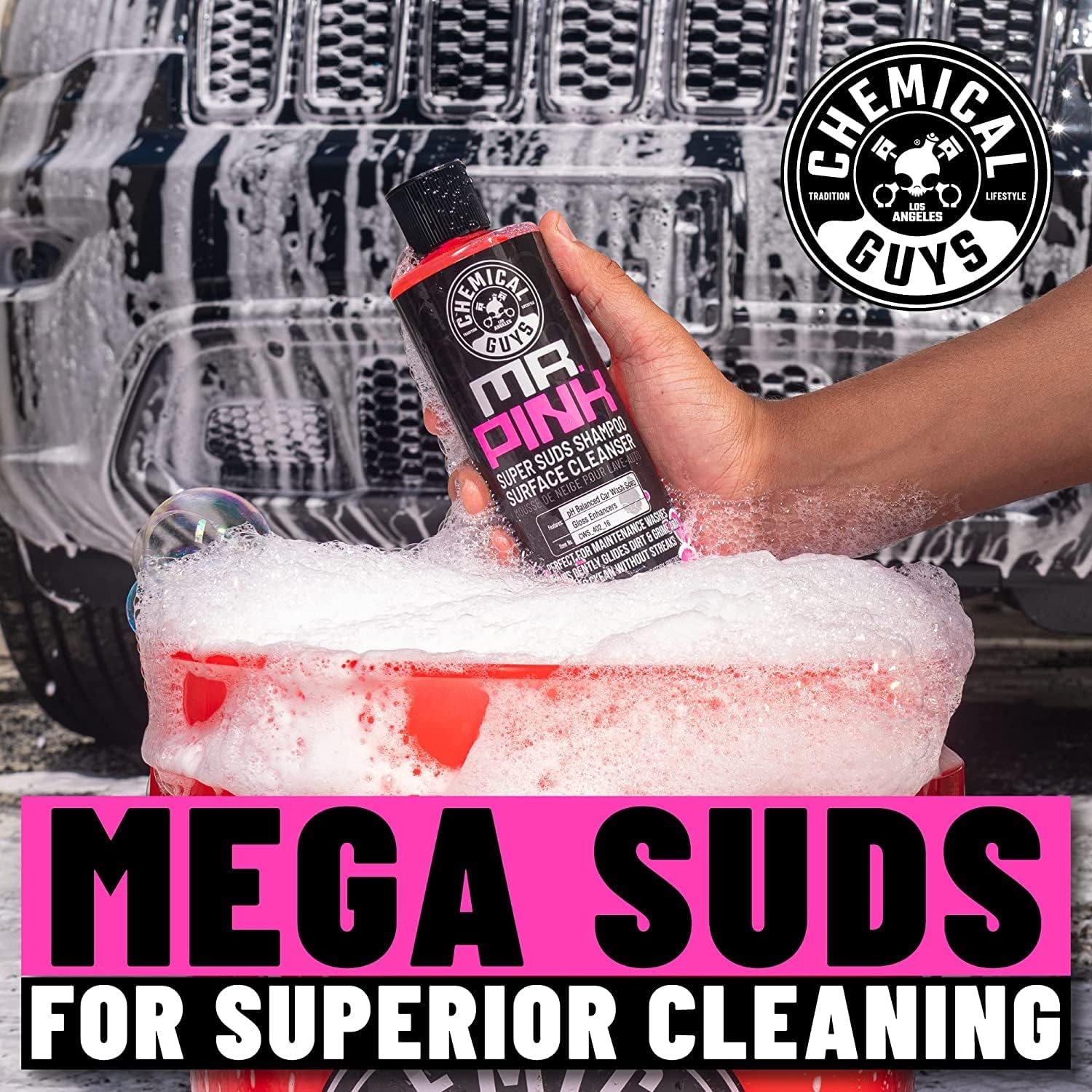 Chemical Guys CWS_402 Mr. Pink Car Wash Soap &amp; Refill Kit, 2 Bottles - (1) 16 oz and (1) Gallon (Works with Foam Cannons, Foam Guns or Bucket Washes) Safe for Cars, Trucks, Motorcycles, &amp; More, 144 oz