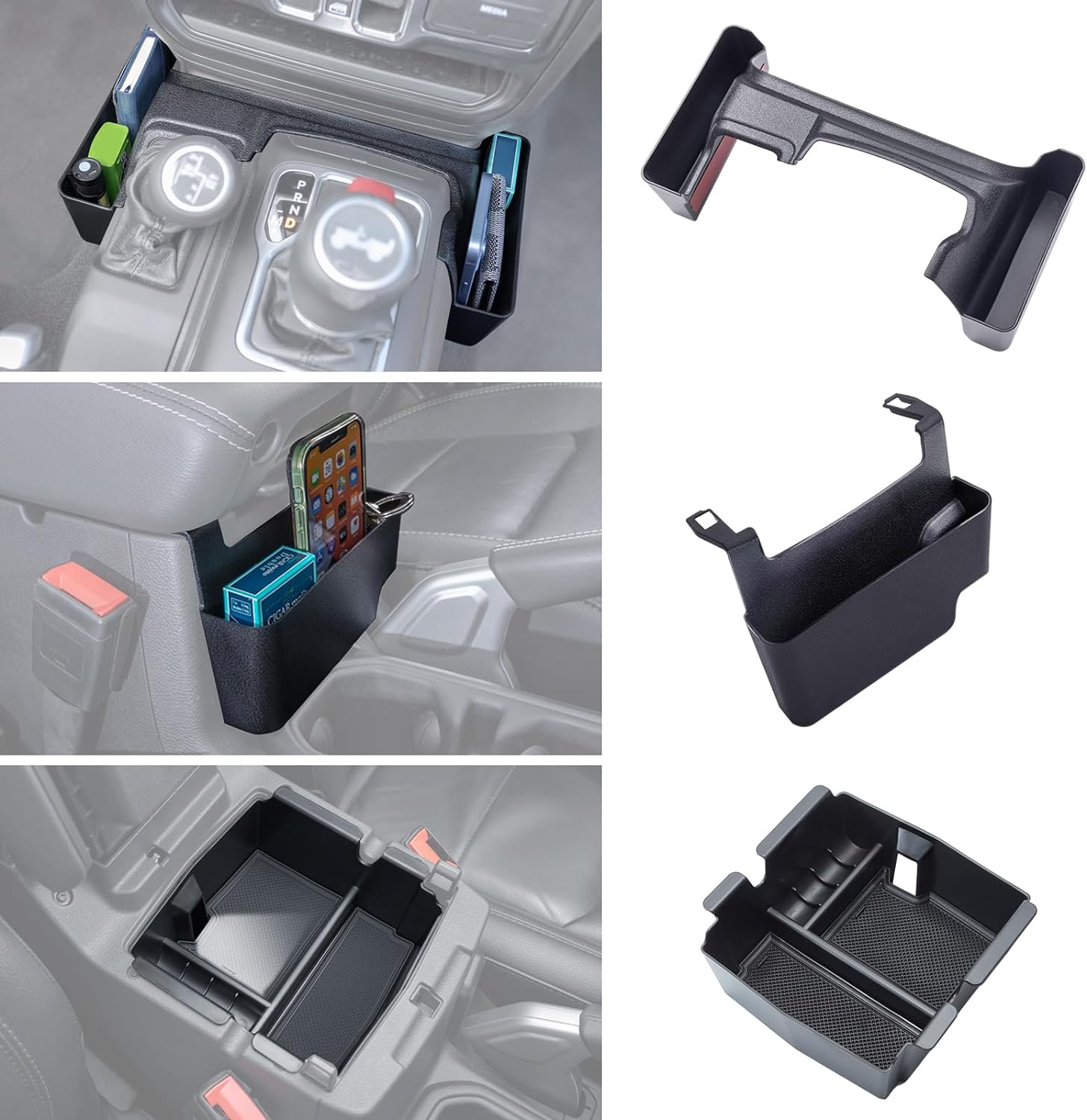 3PCS Center Console Organizer Tray Box Compatible with 2018-2024 Wrangler and 2020-2023 Gladiator Gear Shift Organizer Armrest Accessories Hanging Box（Not for JK/JKU）