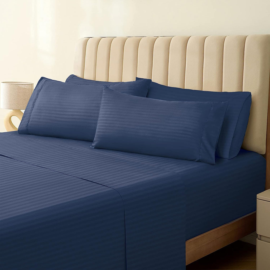 LuxClub King Size Striped Sheets Set, 6 PC Striped Bed Sheets, Deep Pockets 18" Eco Friendly Wrinkle Free Cooling Sheets Machine Washable Hotel Bedding Silky Soft (King, Striped Navy)