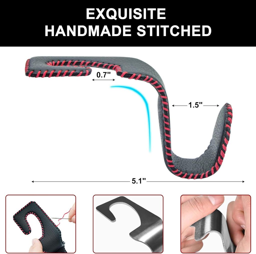 EldHus Seat Hooks for Purses and Bags, 2 Pack Car Purse Holder for Grocery Bag Handbag Clothes, Metal Headrest Hooks Covered by Leather, Black Red