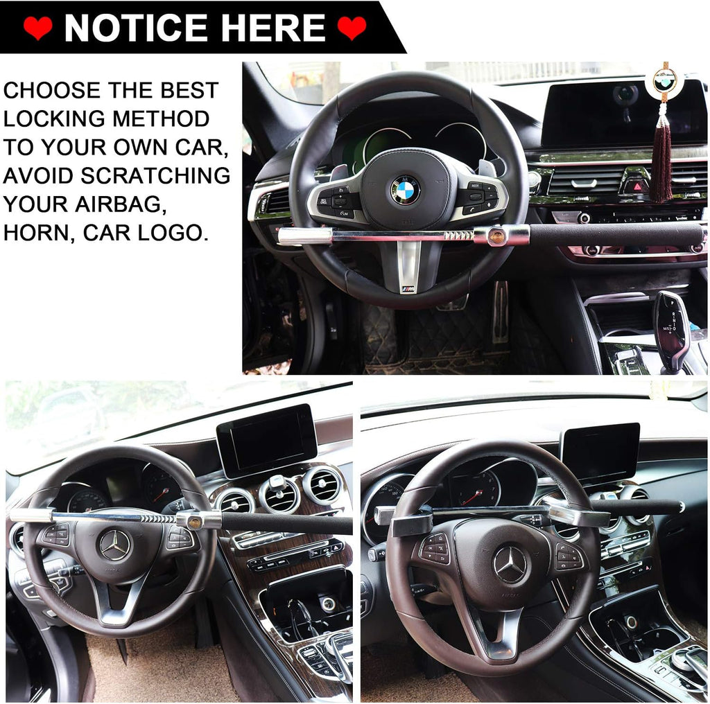 Tevlaphee Steering Wheel Lock Anti Theft Car Device Universal Car Theft Prevention Car Lock Adjustable Double Hook Emergency Hammer Window Breaker Self Defense Heavy Duty Secure (Black)