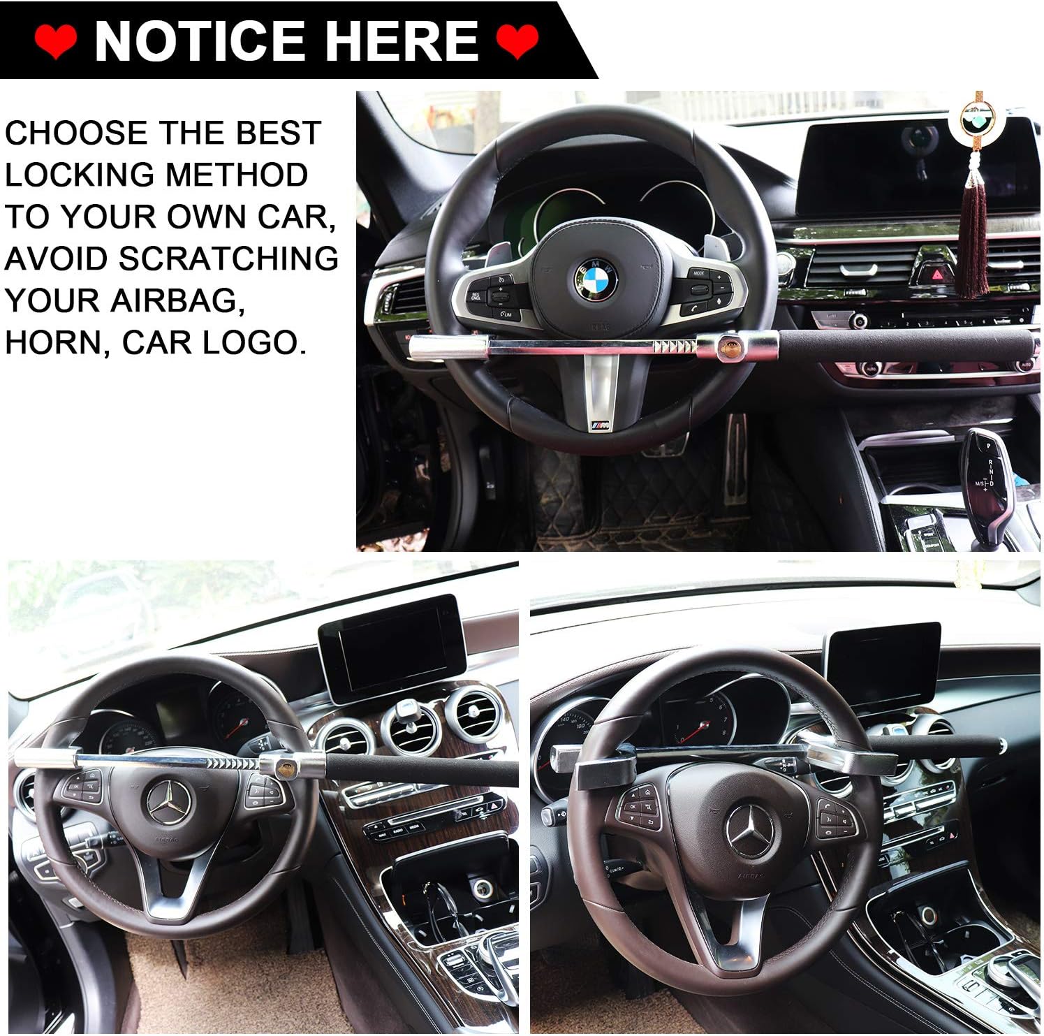 Tevlaphee Steering Wheel Lock Anti Theft Car Device Universal Car Theft Prevention Car Lock Adjustable Double Hook Emergency Hammer Window Breaker Self Defense Heavy Duty Secure (Black)