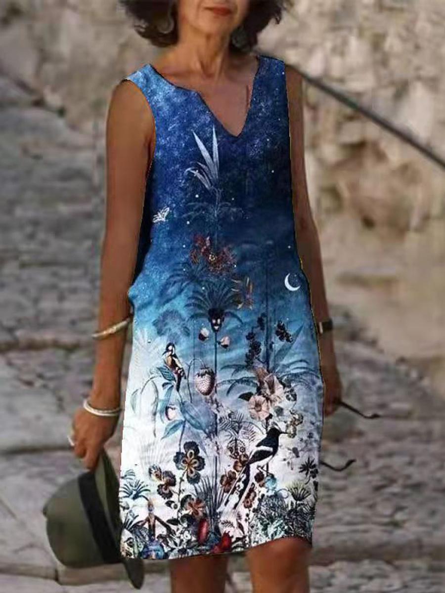 V-neck Loose Casual Print Sleeveless Short Dress