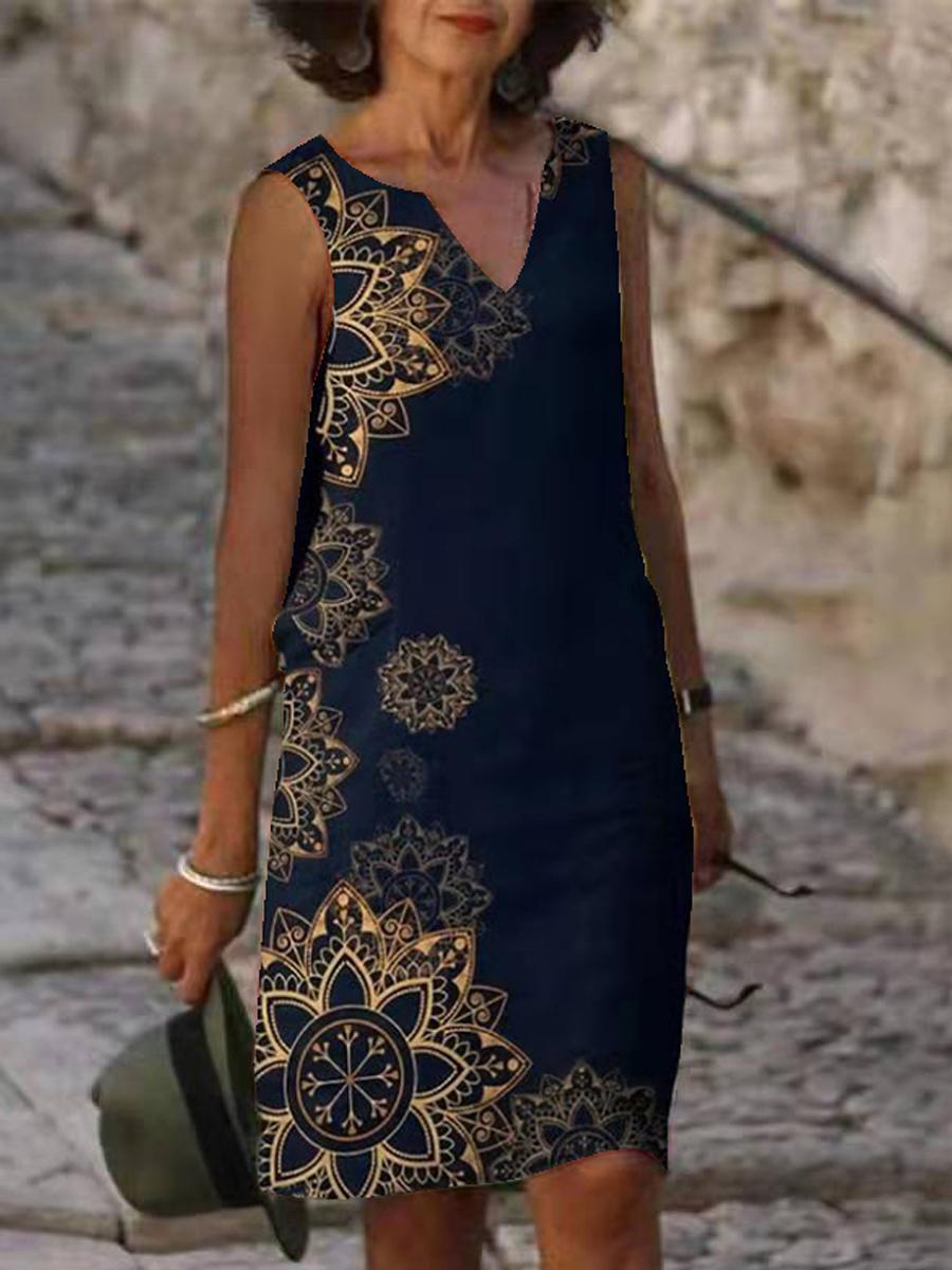 V-neck Loose Casual Print Sleeveless Short Dress