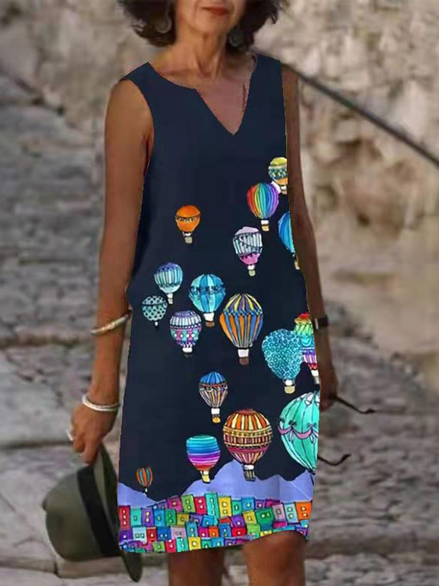 V-neck Loose Casual Print Sleeveless Short Dress