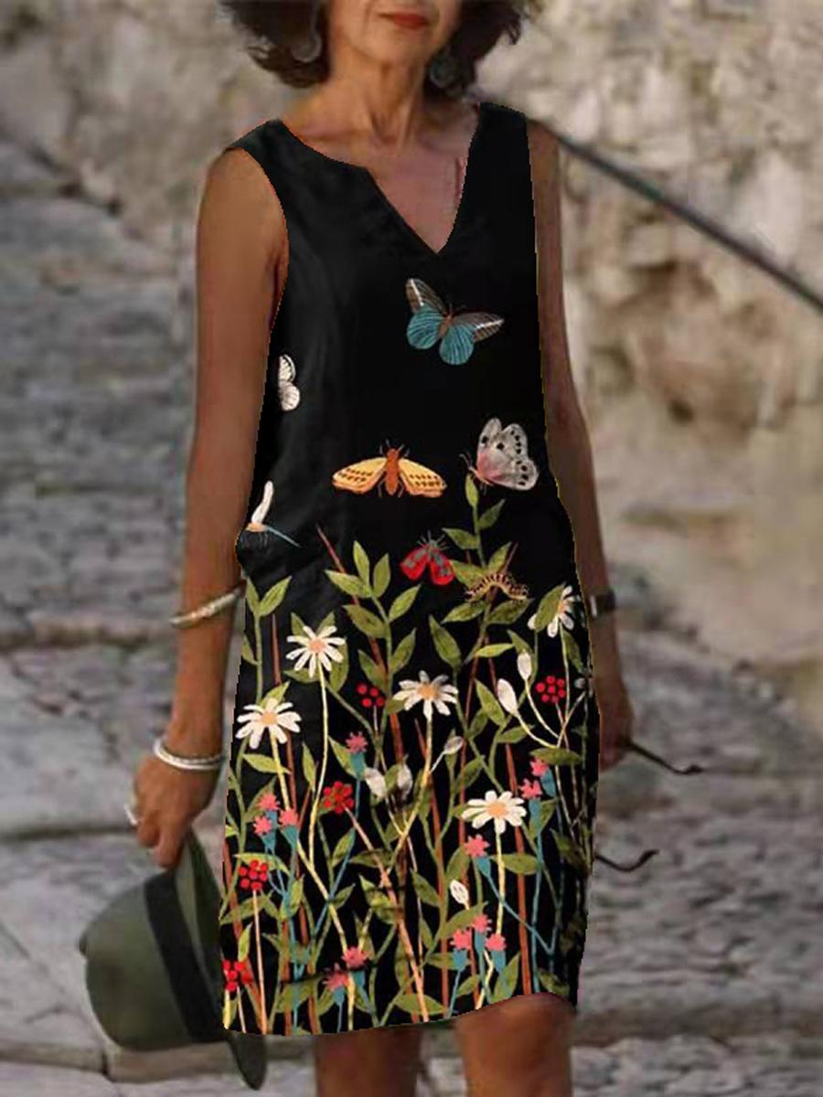 V-neck Loose Casual Print Sleeveless Short Dress