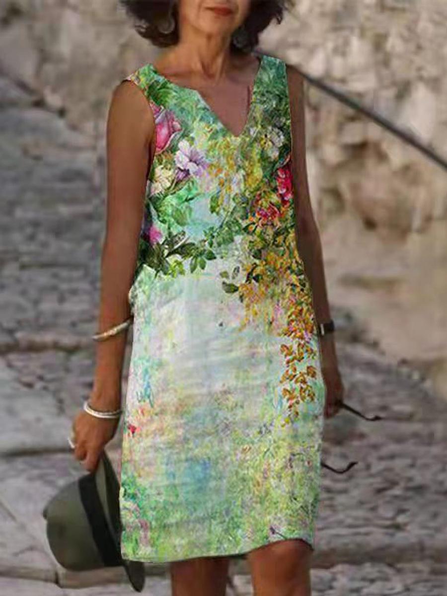 V-neck Loose Casual Print Sleeveless Short Dress