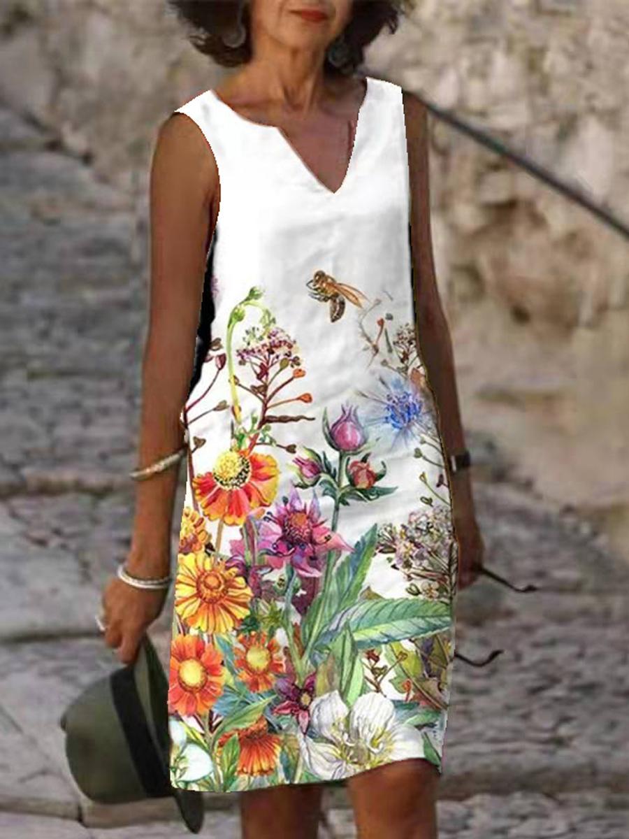 V-neck Loose Casual Print Sleeveless Short Dress