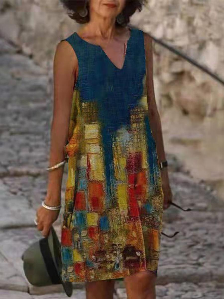 V-neck Loose Casual Print Sleeveless Short Dress