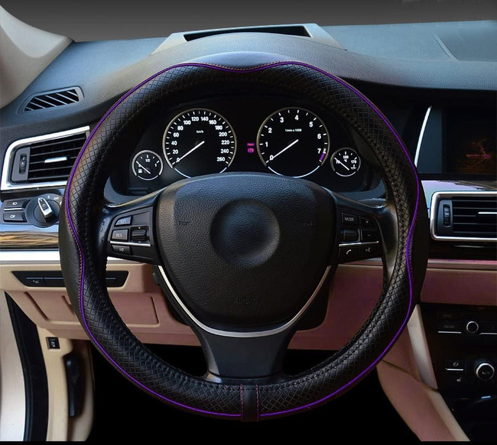 Gomass Car Steering Wheel Cover, Anti-Slip, Safety, Soft, Breathable, Heavy Duty, Thick, Full Surround, Sports Style (Black with Purple line)
