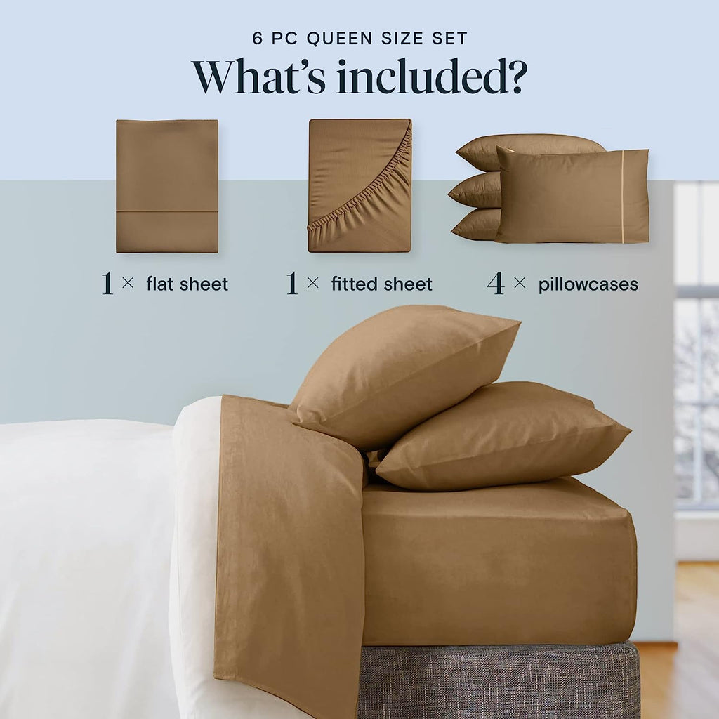 LuxClub 6 PC Queen Sheet Set Bamboo Sheets Deep Pockets 18" Eco Friendly Wrinkle Free Cooling Sheets Machine Washable Hotel Bedding Silky Soft - Dark Khaki Queen