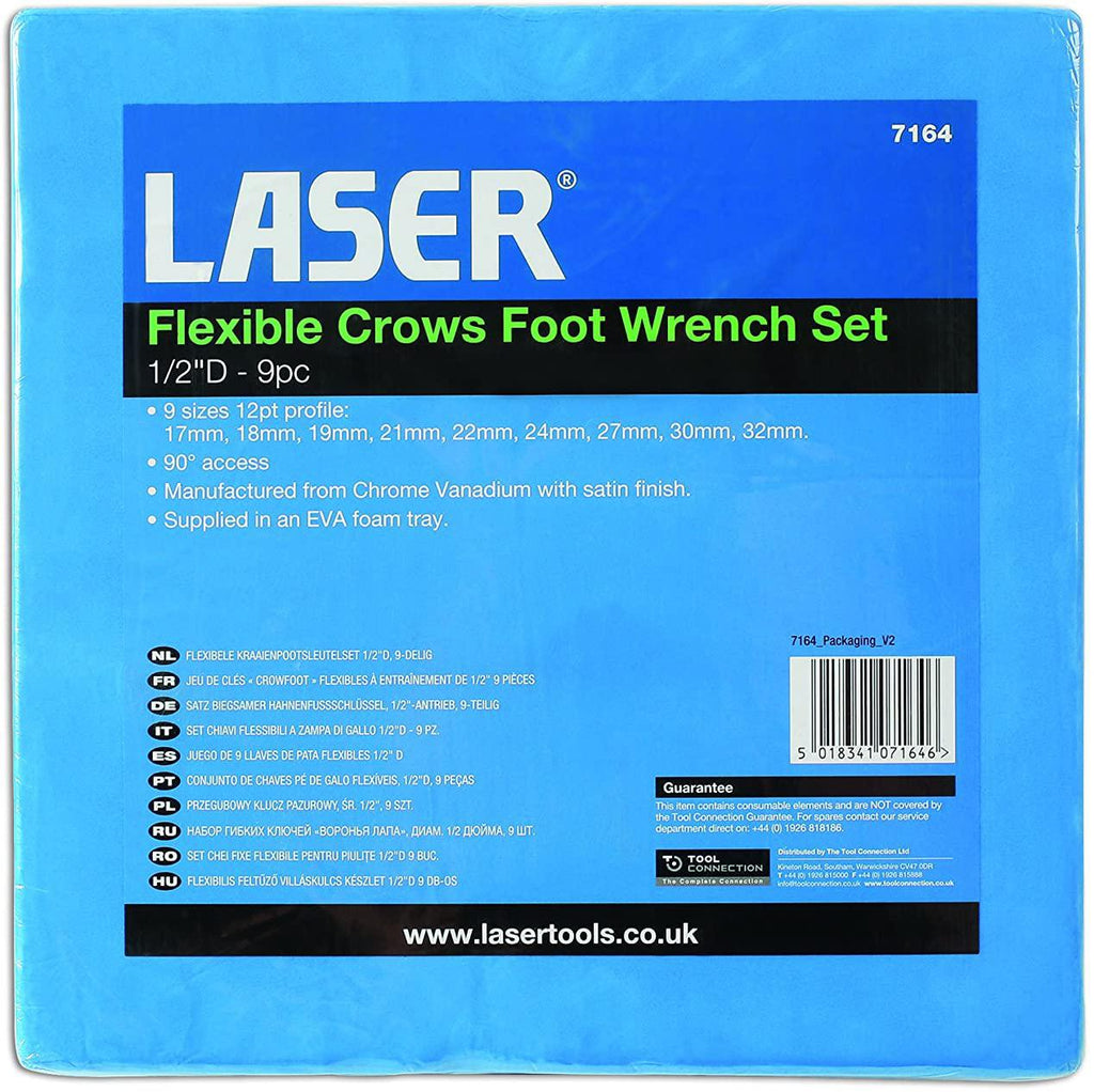 Laser 7164 Tools-Flexible Crows Foot Wrench Set 1/2" D 9pc-7164