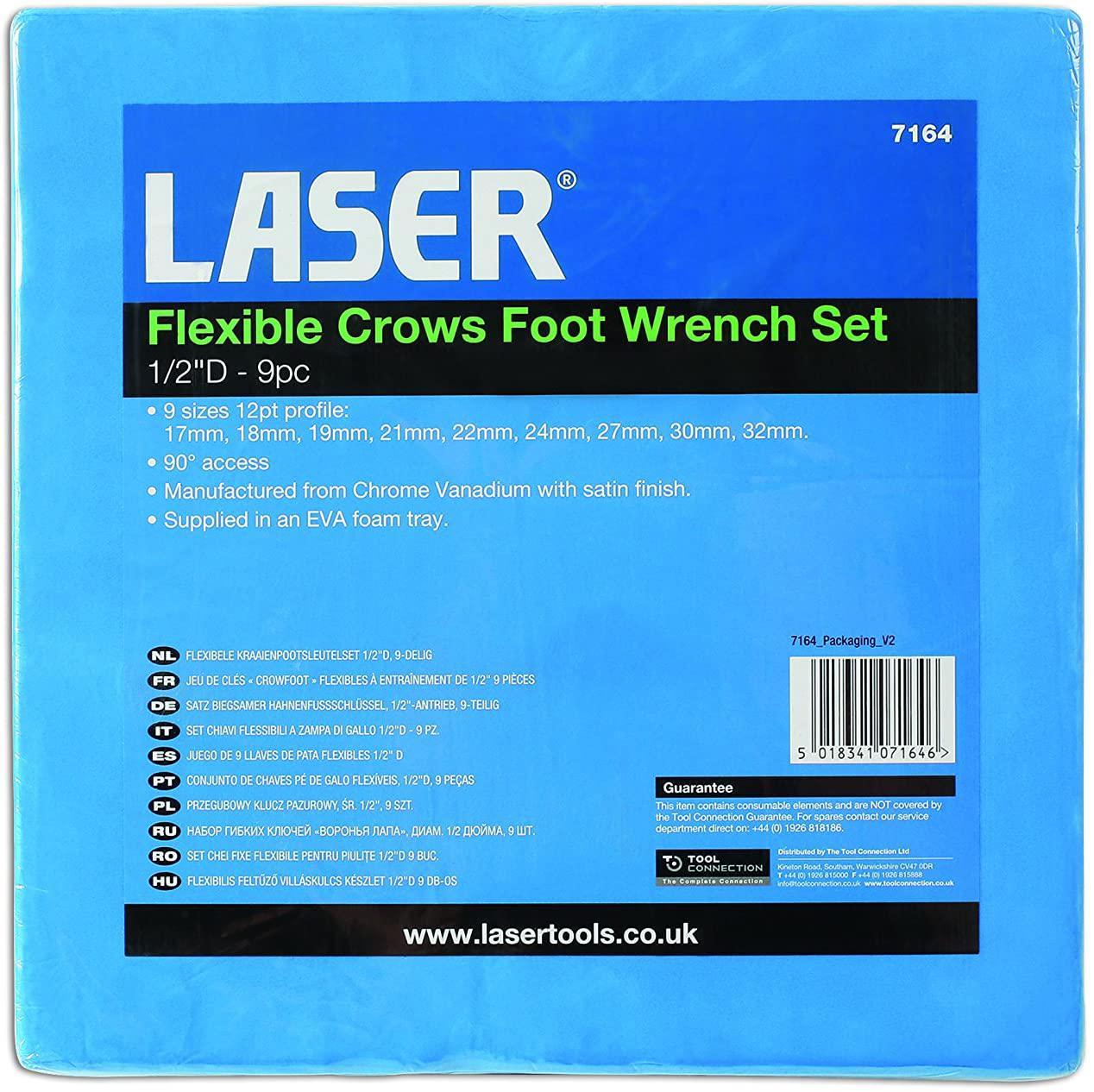 Laser 7164 Tools-Flexible Crows Foot Wrench Set 1/2" D 9pc-7164